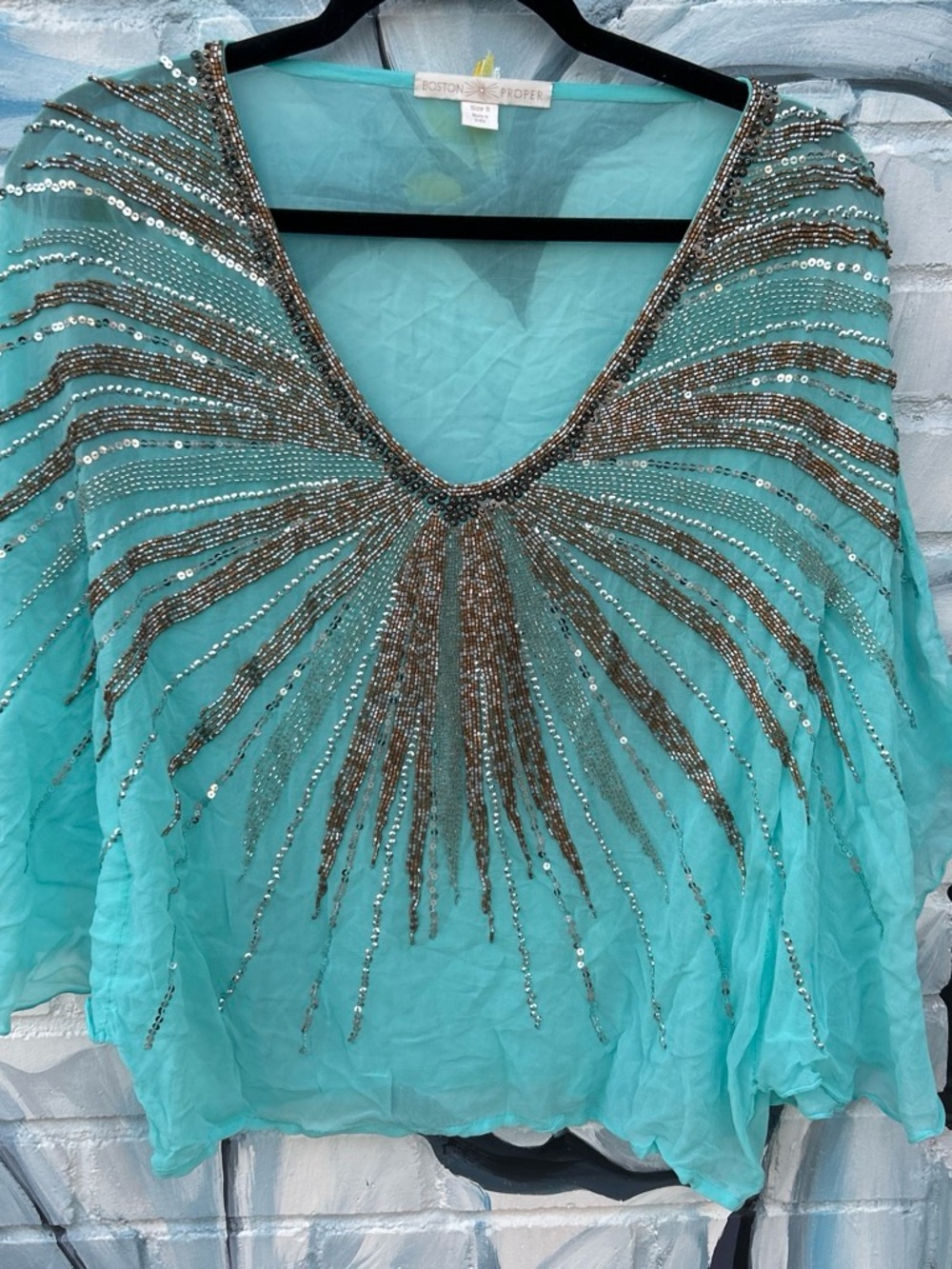 Boston Proper Turquoise Beaded V-Neck Tunic Top